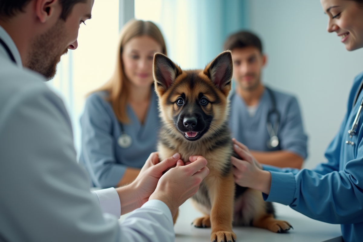 Vétérinaire examinant un chiot berger allemand dans une clinique