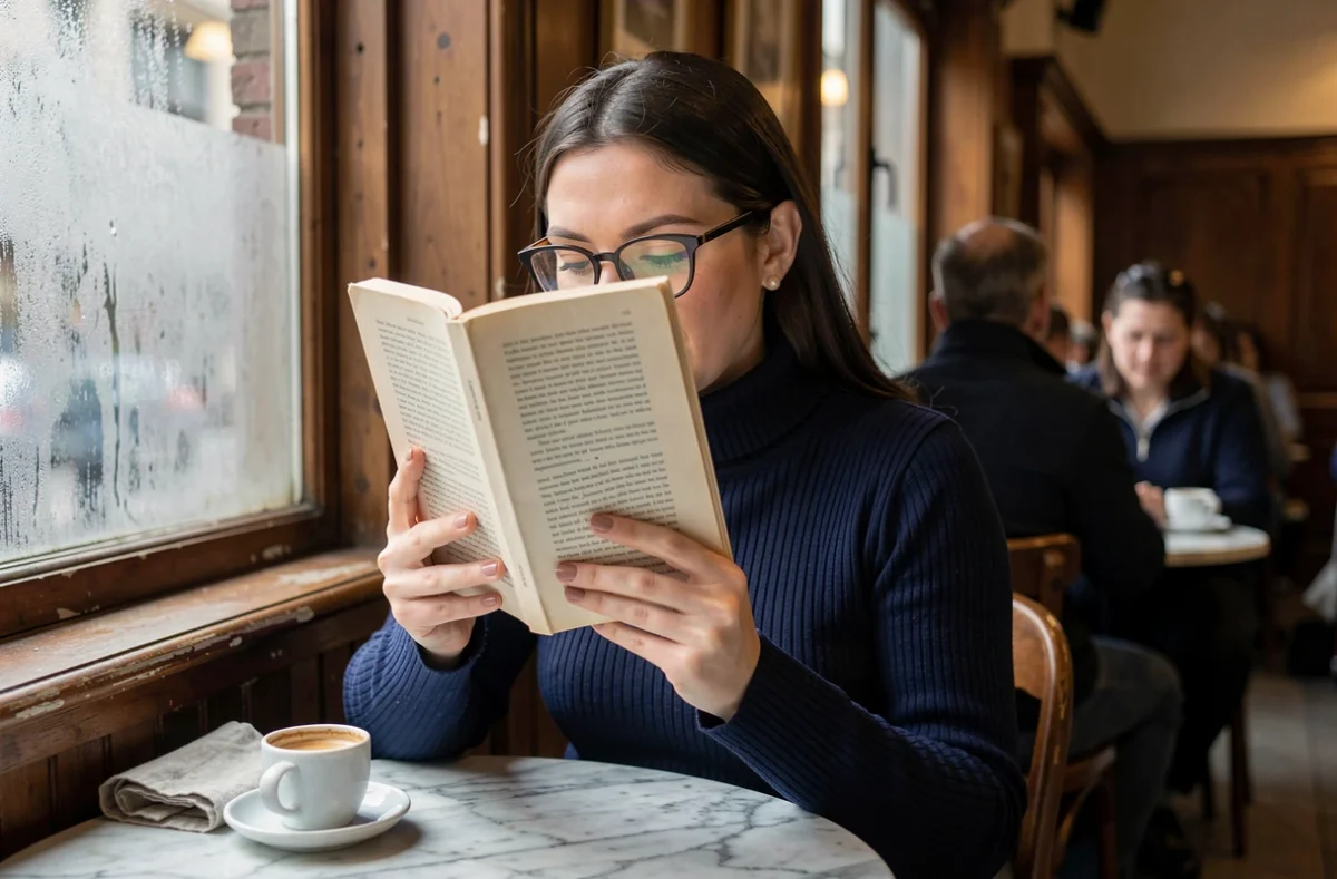 Femme préservant sa vie privée dans un café parisien derrière un livre, style discret et élégant