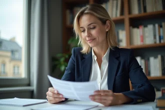 Journaliste française dans un bureau parisien moderne consultant des documents, évoquant la vie professionnelle et privée de Charlotte d'Ornellas