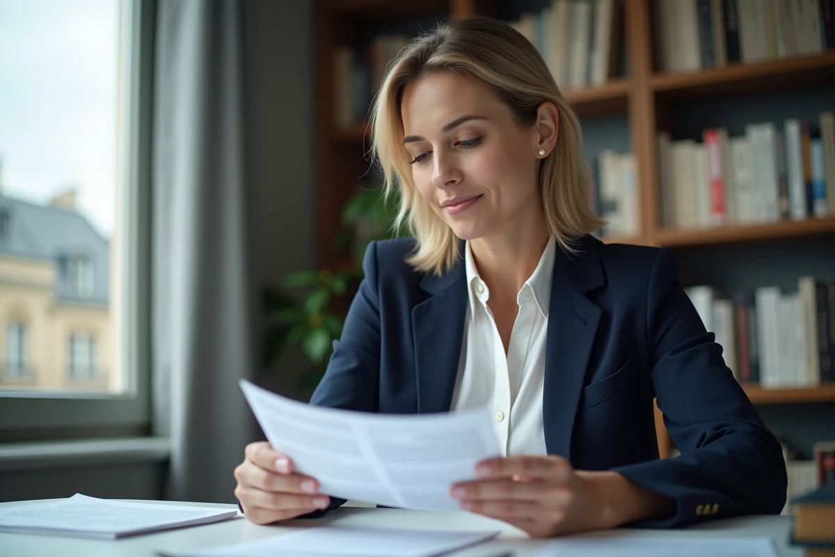 Journaliste française dans un bureau parisien moderne consultant des documents, évoquant la vie professionnelle et privée de Charlotte d'Ornellas