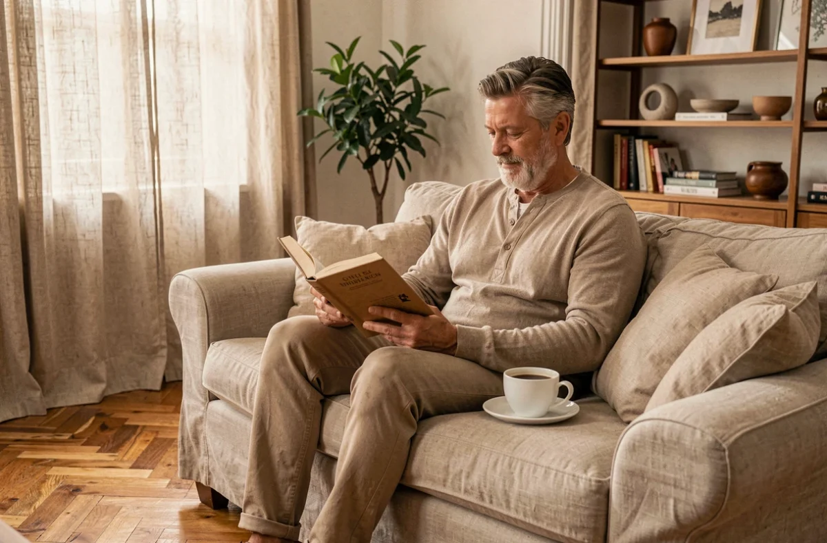 Homme public français dans son intérieur familial lisant un livre sur un canapé en lin dans un salon chaleureux