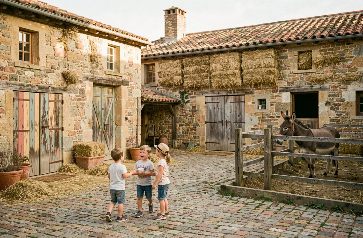 Famille visitant la ferme reconstituée du Vieux Mas dans le Gard