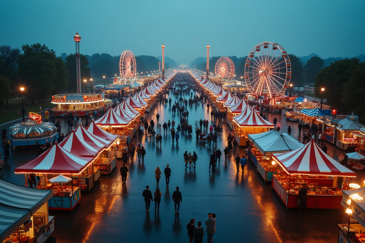Vue aérienne de la Foire aux Manèges de Lille au crépuscule avec les visiteurs et les attractions